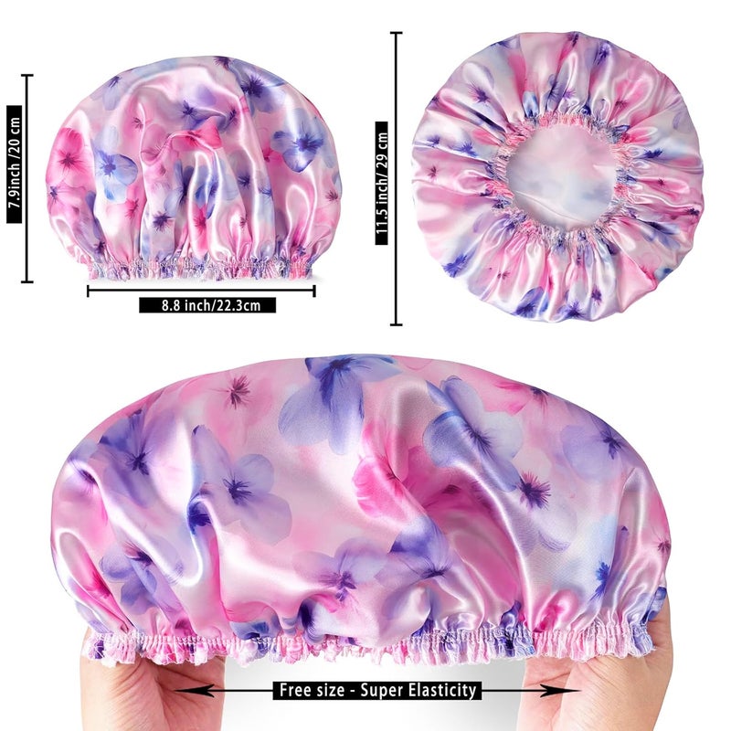 CHFONG 4 PCS Shower Caps for Women, Printing Bath Caps, Double Layers Shower Cap Reusable Waterproof, Bathing Shower Caps, Environmental Protection Hair Bath Hat - Flower C - Image 4